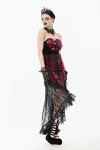 Load image into Gallery viewer, High-Low Gothic Skirt in Glossy Velvet with Floral Lace Trim KW397