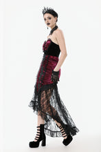 Load image into Gallery viewer, High-Low Gothic Skirt in Glossy Velvet with Floral Lace Trim KW397