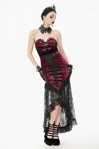 High-Low Gothic Skirt in Glossy Velvet with Floral Lace Trim KW397