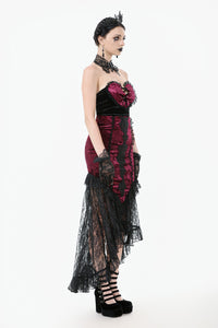 High-Low Gothic Skirt in Glossy Velvet with Floral Lace Trim KW397