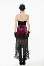 Load image into Gallery viewer, High-Low Gothic Skirt in Glossy Velvet with Floral Lace Trim KW397