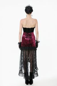 High-Low Gothic Skirt in Glossy Velvet with Floral Lace Trim KW397