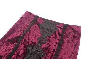 High-Low Gothic Skirt in Glossy Velvet with Floral Lace Trim KW397