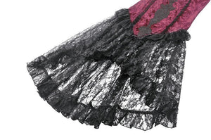 High-Low Gothic Skirt in Glossy Velvet with Floral Lace Trim KW397