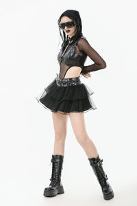 Punk Mesh-Layered Skirt with D-Ring Ties Waist KW401