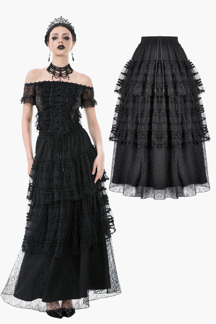 Polka Dot Tiered Lace Skirt with Ruched Mesh and Irregular Net Trim KW402