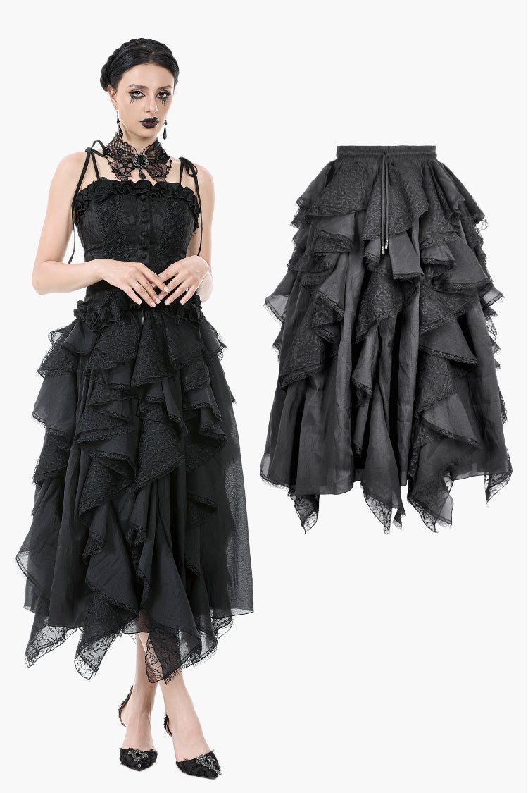 Chic Layered Fluffy Chiffon & Lace Skirt with Adjustable Waist KW404