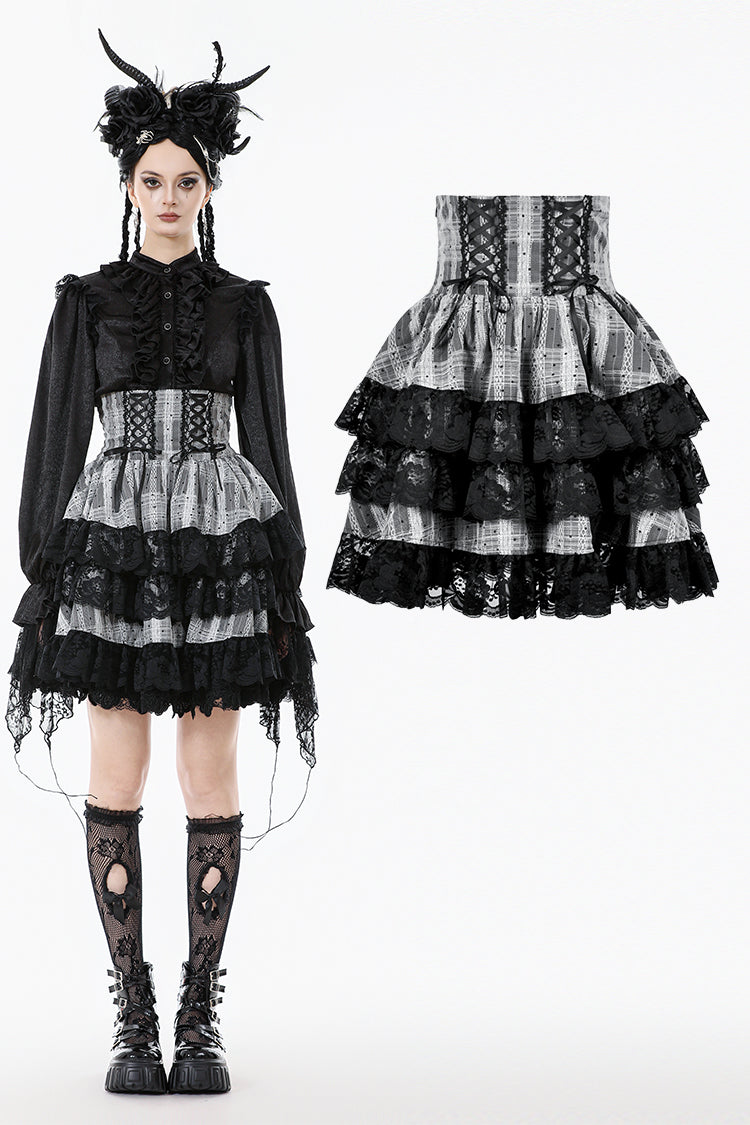 Cute Black and Grey Lolita High-Waist Tiered Skirt KW414