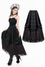 Load image into Gallery viewer, Gothic Velvet Skirt with Baroque Guipure Lace, Ruched Sides and Mystery Red Underskirt KW457