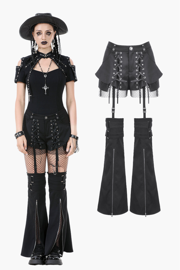 Punk Convertible Shorts with Grommet Straps and Zipper Leggings PW136