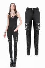 Load image into Gallery viewer, Dark Punk Skinny Pants with Metallic Buckle Straps and Eyelet Lace-up Calves PW156