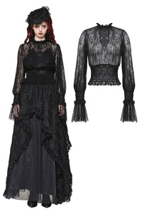 Black Hollow Lace Elastic Pleated Waist Eyelash Lace Cuff Top TW608