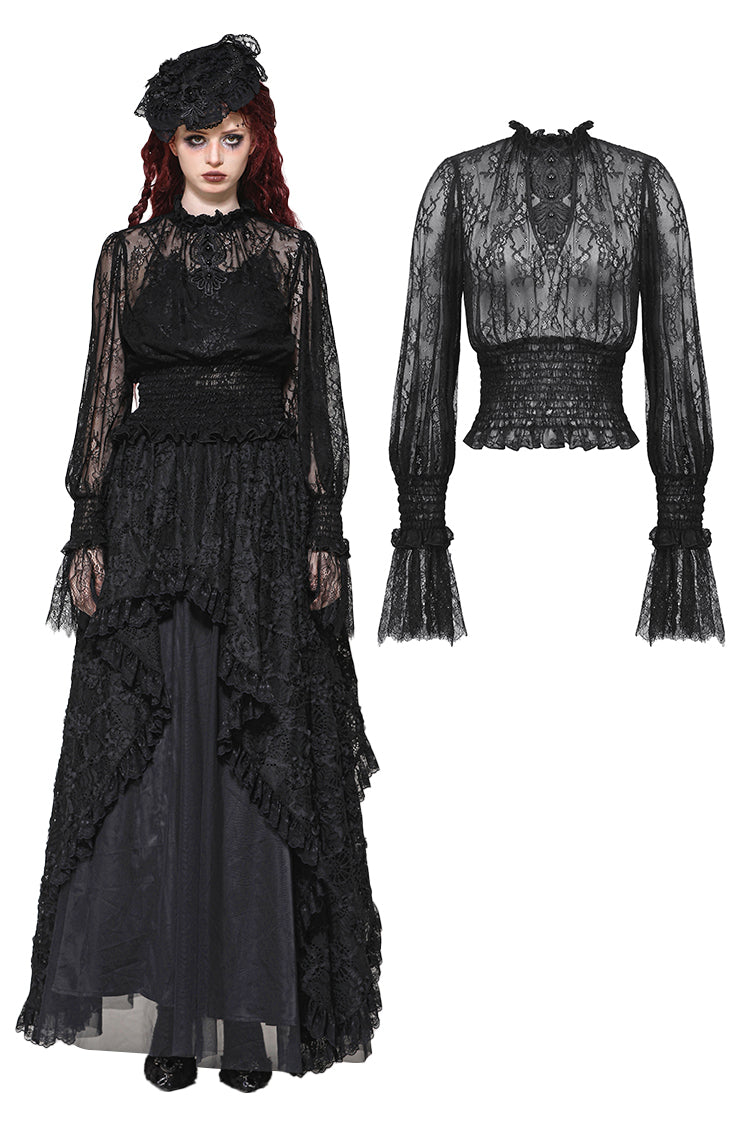 Black Hollow Lace Elastic Pleated Waist Eyelash Lace Cuff Top TW608