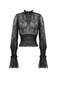 Black Hollow Lace Elastic Pleated Waist Eyelash Lace Cuff Top TW608