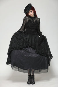 Black Hollow Lace Elastic Pleated Waist Eyelash Lace Cuff Top TW608