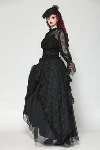 Black Hollow Lace Elastic Pleated Waist Eyelash Lace Cuff Top TW608