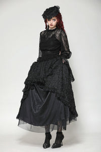 Black Hollow Lace Elastic Pleated Waist Eyelash Lace Cuff Top TW608
