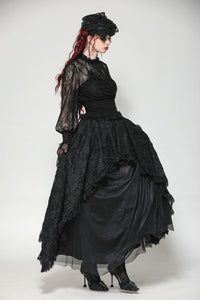 Black Hollow Lace Elastic Pleated Waist Eyelash Lace Cuff Top TW608