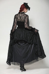Black Hollow Lace Elastic Pleated Waist Eyelash Lace Cuff Top TW608