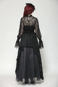 Black Hollow Lace Elastic Pleated Waist Eyelash Lace Cuff Top TW608
