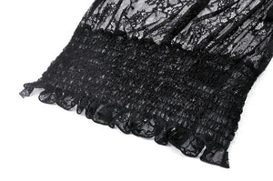 Black Hollow Lace Elastic Pleated Waist Eyelash Lace Cuff Top TW608