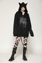 Load image into Gallery viewer, Black printed loose bat ear tail hoodie pullover TW625