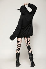 Load image into Gallery viewer, Black printed loose bat ear tail hoodie pullover TW625