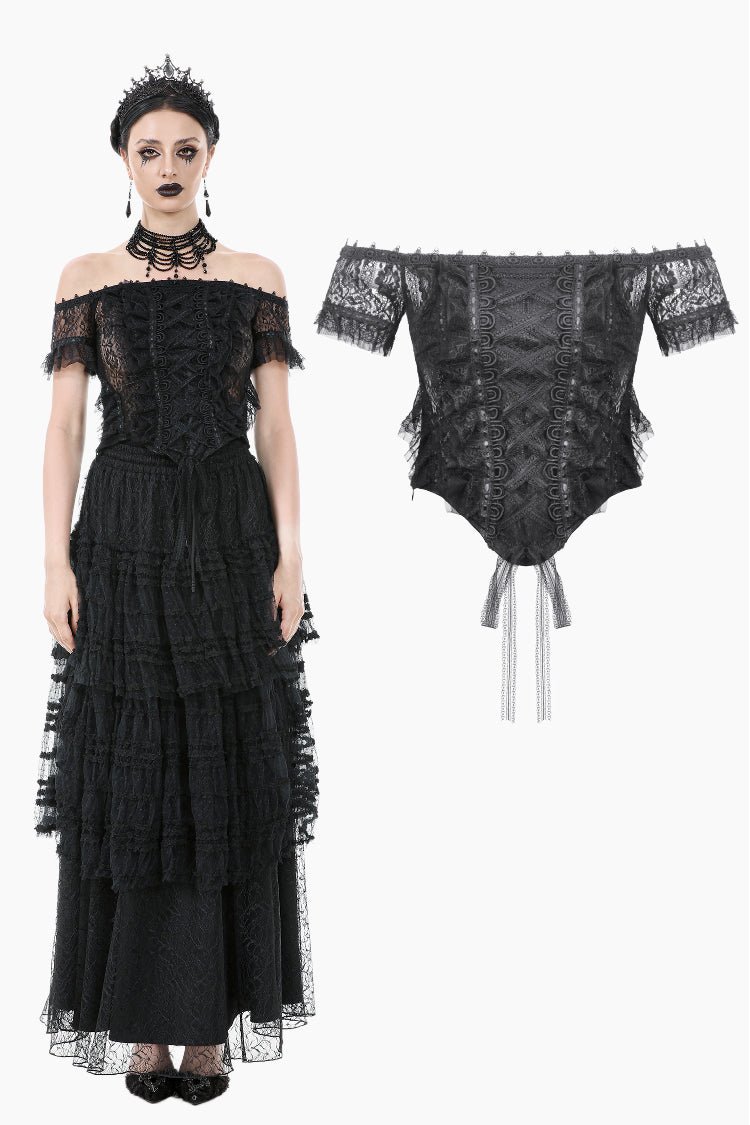 Gothic Off-Shoulder Lace Top with Floral Trim TW638
