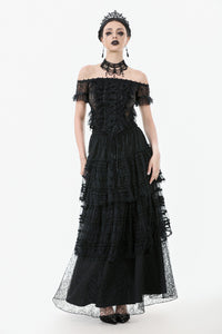 Gothic Off-Shoulder Lace Top with Floral Trim TW638