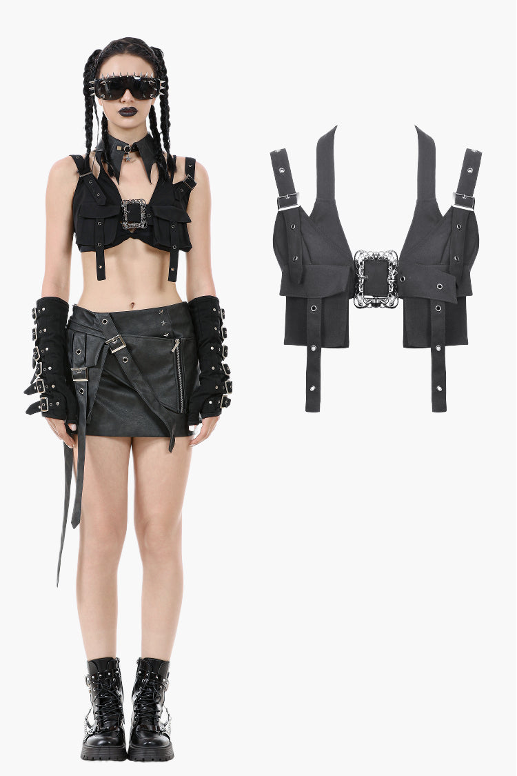 Rebel Punk Halter Crop Top with Utility Pocket and Decorative