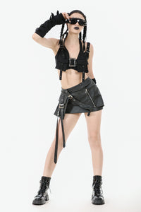 Rebel Punk Halter Crop Top with Utility Pocket and Decorative Buckle TW639