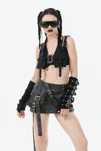 Rebel Punk Halter Crop Top with Utility Pocket and Decorative Buckle TW639