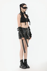 Rebel Punk Halter Crop Top with Utility Pocket and Decorative Buckle TW639