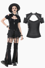 Load image into Gallery viewer, Dark Metal Knit Top with Coffin Eyelet Frame and Skull Cross Straps TW641