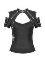 Load image into Gallery viewer, Dark Metal Knit Top with Coffin Eyelet Frame and Skull Cross Straps TW641