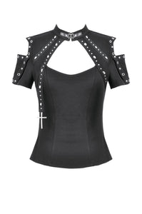 Dark Metal Knit Top with Coffin Eyelet Frame and Skull Cross Straps TW641