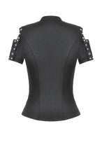 Load image into Gallery viewer, Dark Metal Knit Top with Coffin Eyelet Frame and Skull Cross Straps TW641