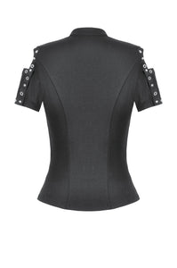 Dark Metal Knit Top with Coffin Eyelet Frame and Skull Cross Straps TW641