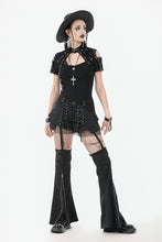 Load image into Gallery viewer, Dark Metal Knit Top with Coffin Eyelet Frame and Skull Cross Straps TW641