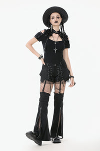 Dark Metal Knit Top with Coffin Eyelet Frame and Skull Cross Straps TW641
