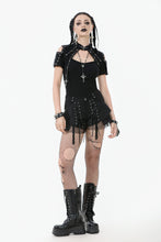 Load image into Gallery viewer, Dark Metal Knit Top with Coffin Eyelet Frame and Skull Cross Straps TW641