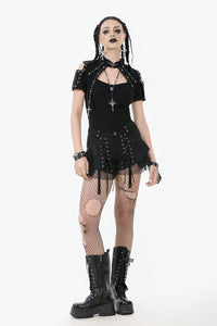 Dark Metal Knit Top with Coffin Eyelet Frame and Skull Cross Straps TW641