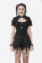 Load image into Gallery viewer, Dark Metal Knit Top with Coffin Eyelet Frame and Skull Cross Straps TW641