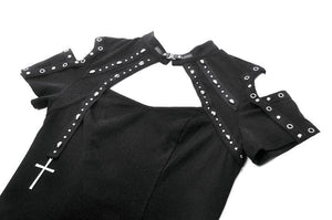 Dark Metal Knit Top with Coffin Eyelet Frame and Skull Cross Straps TW641