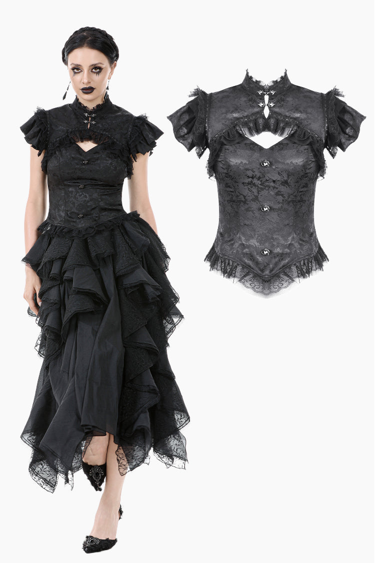 Gothic Jacquard Top with Hollow Front and Lace Trim TW642