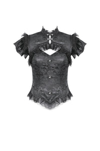 Gothic Jacquard Top with Hollow Front and Lace Trim TW642
