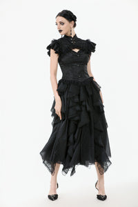 Gothic Jacquard Top with Hollow Front and Lace Trim TW642
