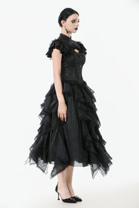 Gothic Jacquard Top with Hollow Front and Lace Trim TW642