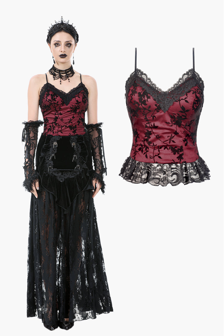 Gothic Dark Red Cami with Pleated Lace Hem TW644