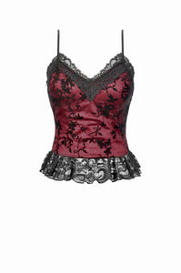 Gothic Dark Red Cami with Pleated Lace Hem TW644
